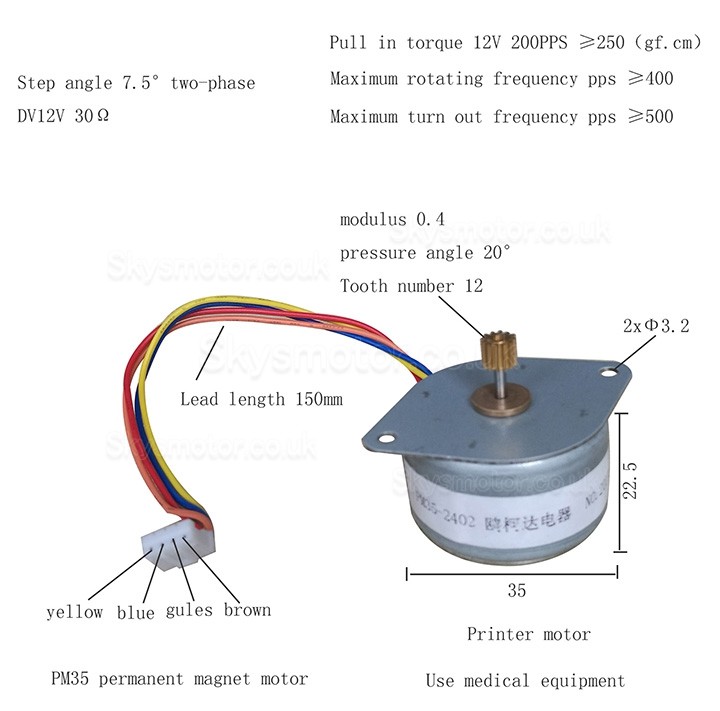 Oukeda PM Stepper Motor SMCU002915 7.5 Deg 2.45Ncm 12V 2 Phase Φ35 mm for Printer 